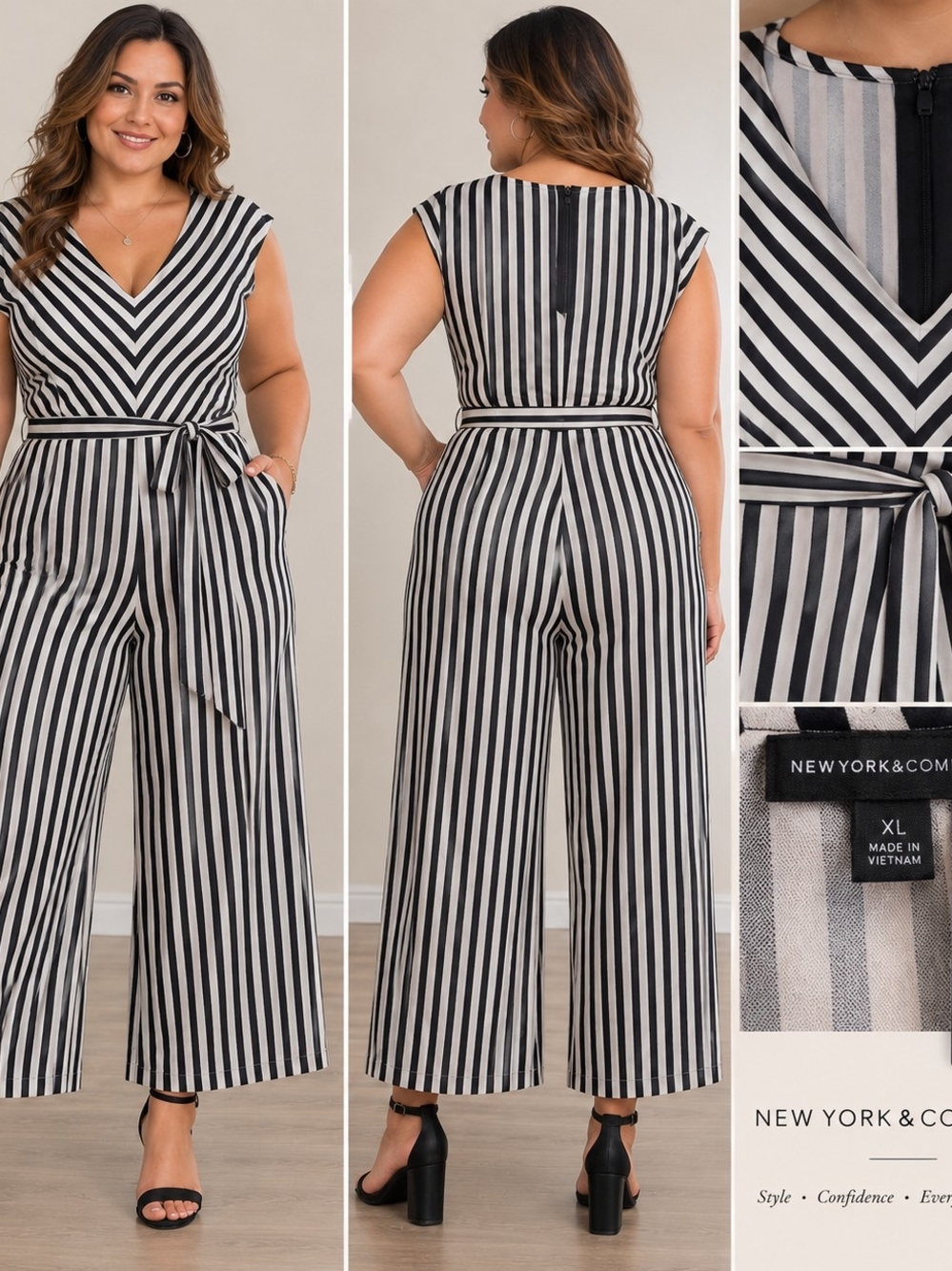 New York & Company Black & White Striped Wide-Leg Jumpsuit